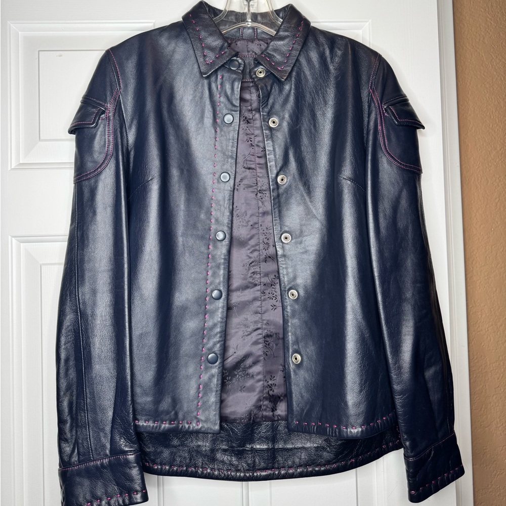 Black Leather Jacket with Pink Stitching